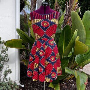TRASHY DIVA Red Cage-Strap Ballerina Dress in "Tribal" Geometric Print Sz 10